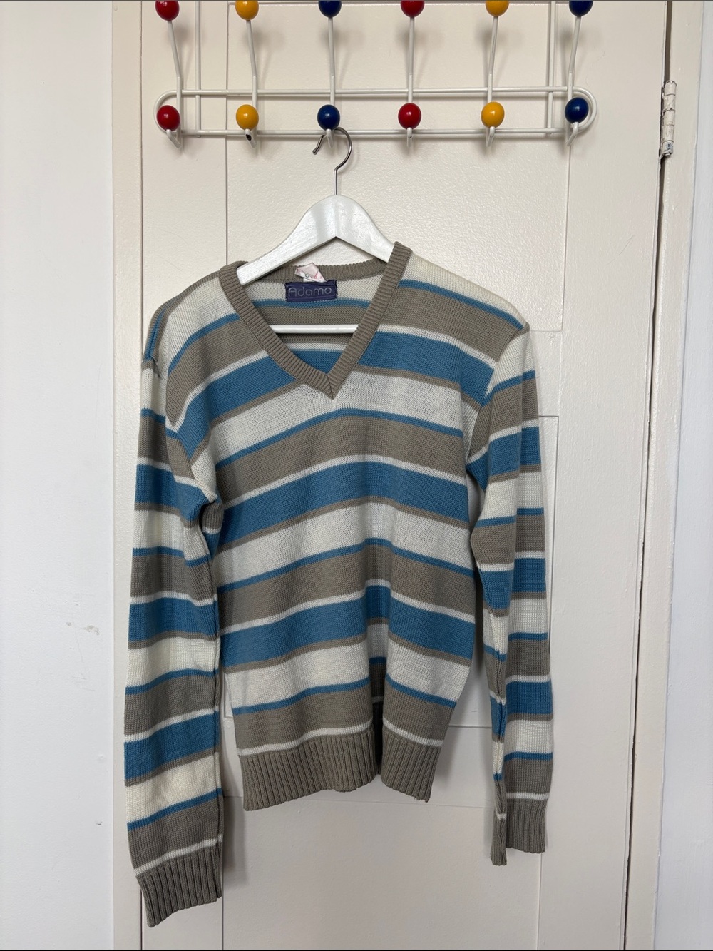 Adam Men's V-Neck Striped Sweater in Blue, Gray, White